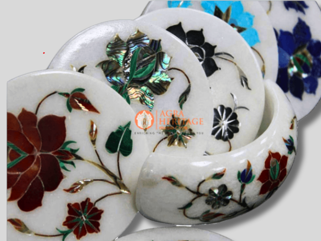 Multi Stone Floral Marble Interior Coaster Set